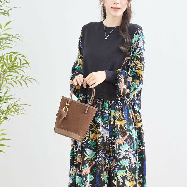 【L〜LL】レイヤード風サファリプリントワンピース｜異素材切替・アニマル柄・長袖・TRUBE・N83-060