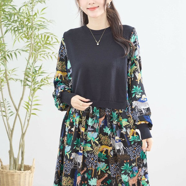 【L〜LL】レイヤード風サファリプリントワンピース｜異素材切替・アニマル柄・長袖・TRUBE・N83-060