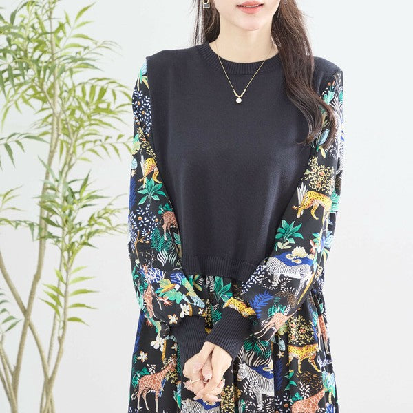 【L〜LL】レイヤード風サファリプリントワンピース｜異素材切替・アニマル柄・長袖・TRUBE・N83-060