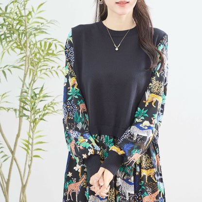 【L〜LL】レイヤード風サファリプリントワンピース｜異素材切替・アニマル柄・長袖・TRUBE・N83-060