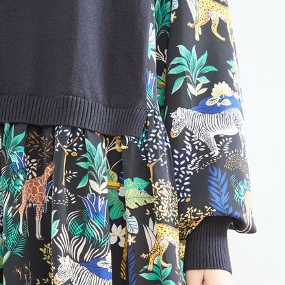 【L〜LL】レイヤード風サファリプリントワンピース｜異素材切替・アニマル柄・長袖・TRUBE・N83-060