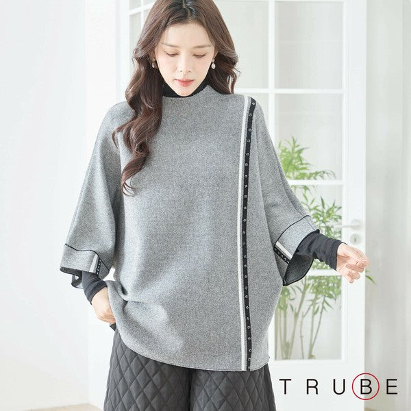 【L〜LL】配色ラインポンチョプルオーバー｜ゆったり体型カバー・ハイネック・大人モード・TRUBE・N12-874