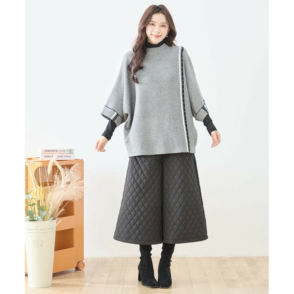 【L〜LL】配色ラインポンチョプルオーバー｜ゆったり体型カバー・ハイネック・大人モード・TRUBE・N12-874