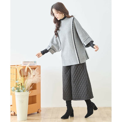 【L〜LL】配色ラインポンチョプルオーバー｜ゆったり体型カバー・ハイネック・大人モード・TRUBE・N12-874