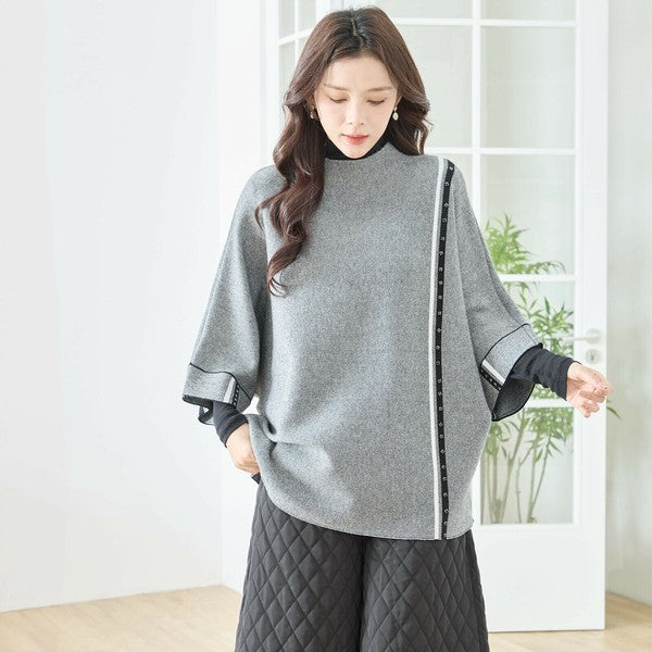 【L〜LL】配色ラインポンチョプルオーバー｜ゆったり体型カバー・ハイネック・大人モード・TRUBE・N12-874