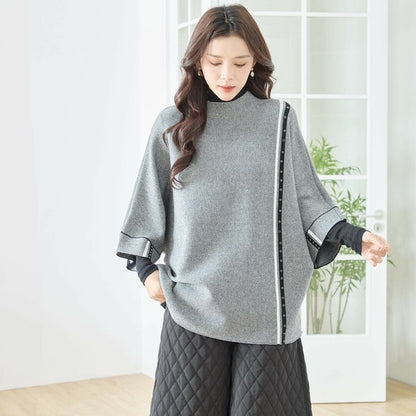 【L〜LL】配色ラインポンチョプルオーバー｜ゆったり体型カバー・ハイネック・大人モード・TRUBE・N12-874