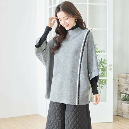 【L〜LL】配色ラインポンチョプルオーバー｜ゆったり体型カバー・ハイネック・大人モード・TRUBE・N12-874