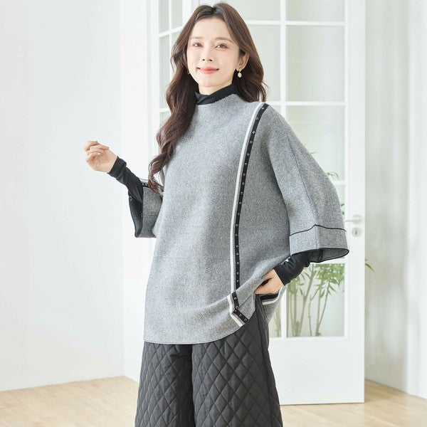 【L〜LL】配色ラインポンチョプルオーバー｜ゆったり体型カバー・ハイネック・大人モード・TRUBE・N12-874