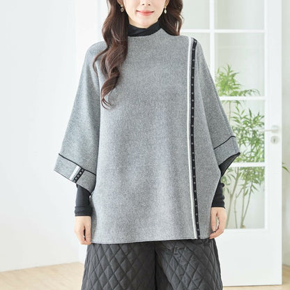 【L〜LL】配色ラインポンチョプルオーバー｜ゆったり体型カバー・ハイネック・大人モード・TRUBE・N12-874