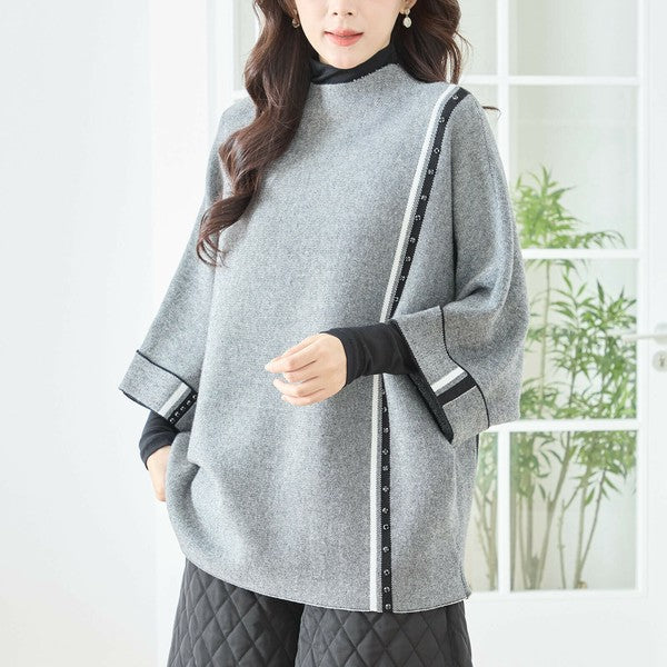 【L〜LL】配色ラインポンチョプルオーバー｜ゆったり体型カバー・ハイネック・大人モード・TRUBE・N12-874