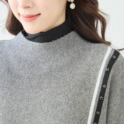 【L〜LL】配色ラインポンチョプルオーバー｜ゆったり体型カバー・ハイネック・大人モード・TRUBE・N12-874