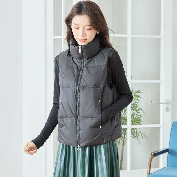 【M〜L】スタンドカラーミドルダウンベスト｜軽量・保温・ダブルジップ・TRUBE・N32-096