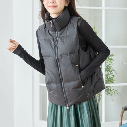 【M〜L】スタンドカラーミドルダウンベスト｜軽量・保温・ダブルジップ・TRUBE・N32-096