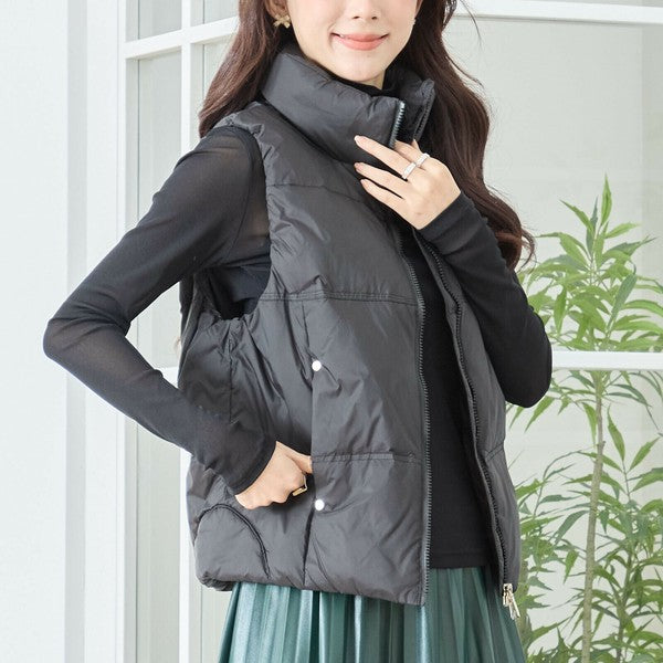 【M〜L】スタンドカラーミドルダウンベスト｜軽量・保温・ダブルジップ・TRUBE・N32-096