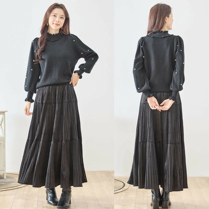 【M〜L】パール付きフリルネックニット｜amie studio レディース 秋冬 長袖 セーター エレガント N12-902