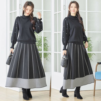 【M〜L】パール付きフリルネックニット｜amie studio レディース 秋冬 長袖 セーター エレガント N12-902