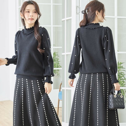 【M〜L】パール付きフリルネックニット｜amie studio レディース 秋冬 長袖 セーター エレガント N12-902