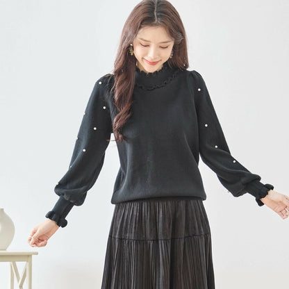 【M〜L】パール付きフリルネックニット｜amie studio レディース 秋冬 長袖 セーター エレガント N12-902
