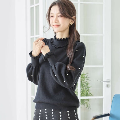 【M〜L】パール付きフリルネックニット｜amie studio レディース 秋冬 長袖 セーター エレガント N12-902