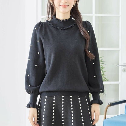 【M〜L】パール付きフリルネックニット｜amie studio レディース 秋冬 長袖 セーター エレガント N12-902