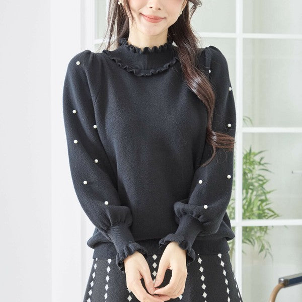 【M〜L】パール付きフリルネックニット｜amie studio レディース 秋冬 長袖 セーター エレガント N12-902