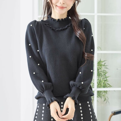 【M〜L】パール付きフリルネックニット｜amie studio レディース 秋冬 長袖 セーター エレガント N12-902
