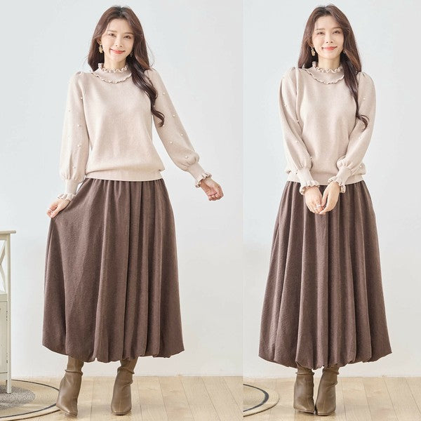 【M〜L】パール付きフリルネックニット｜amie studio レディース 秋冬 長袖 セーター エレガント N12-902