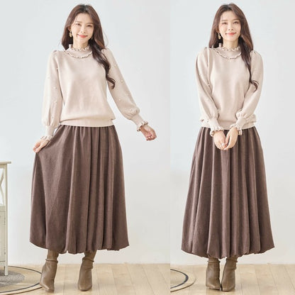 【M〜L】パール付きフリルネックニット｜amie studio レディース 秋冬 長袖 セーター エレガント N12-902