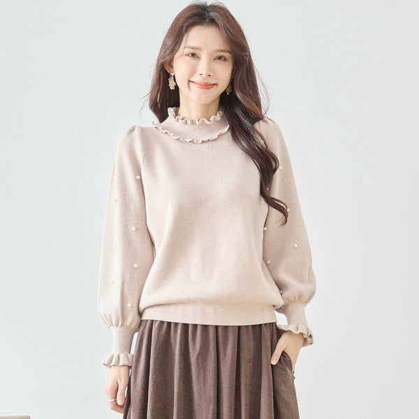【M〜L】パール付きフリルネックニット｜amie studio レディース 秋冬 長袖 セーター エレガント N12-902