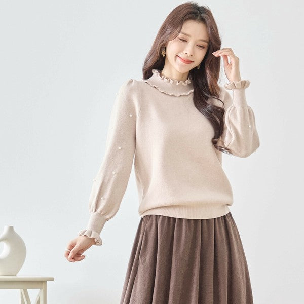 【M〜L】パール付きフリルネックニット｜amie studio レディース 秋冬 長袖 セーター エレガント N12-902