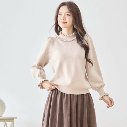 【M〜L】パール付きフリルネックニット｜amie studio レディース 秋冬 長袖 セーター エレガント N12-902