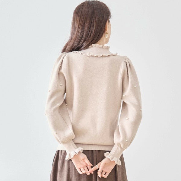 【M〜L】パール付きフリルネックニット｜amie studio レディース 秋冬 長袖 セーター エレガント N12-902