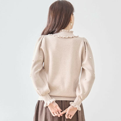 【M〜L】パール付きフリルネックニット｜amie studio レディース 秋冬 長袖 セーター エレガント N12-902
