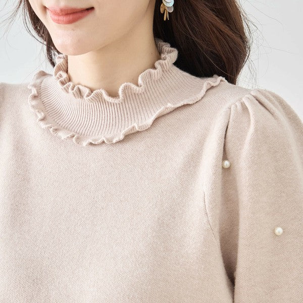 【M〜L】パール付きフリルネックニット｜amie studio レディース 秋冬 長袖 セーター エレガント N12-902