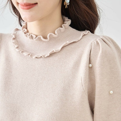 【M〜L】パール付きフリルネックニット｜amie studio レディース 秋冬 長袖 セーター エレガント N12-902