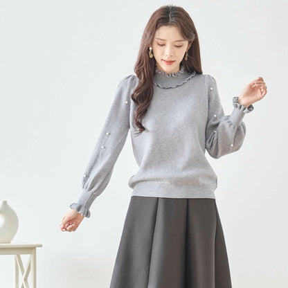 【M〜L】パール付きフリルネックニット｜amie studio レディース 秋冬 長袖 セーター エレガント N12-902