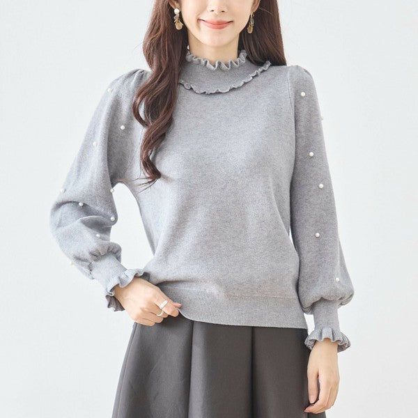 【M〜L】パール付きフリルネックニット｜amie studio レディース 秋冬 長袖 セーター エレガント N12-902