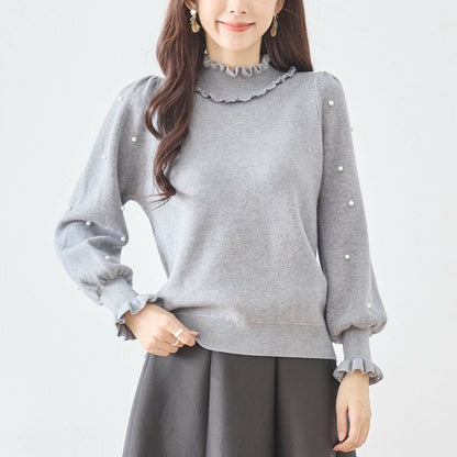 【M〜L】パール付きフリルネックニット｜amie studio レディース 秋冬 長袖 セーター エレガント N12-902