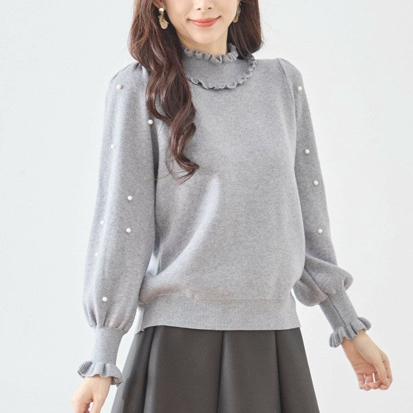 【M〜L】パール付きフリルネックニット｜amie studio レディース 秋冬 長袖 セーター エレガント N12-902