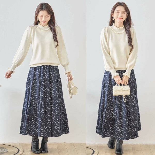 【M〜L】パール付きフリルネックニット｜amie studio レディース 秋冬 長袖 セーター エレガント N12-902