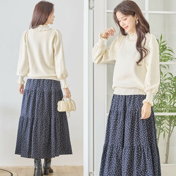 【M〜L】パール付きフリルネックニット｜amie studio レディース 秋冬 長袖 セーター エレガント N12-902