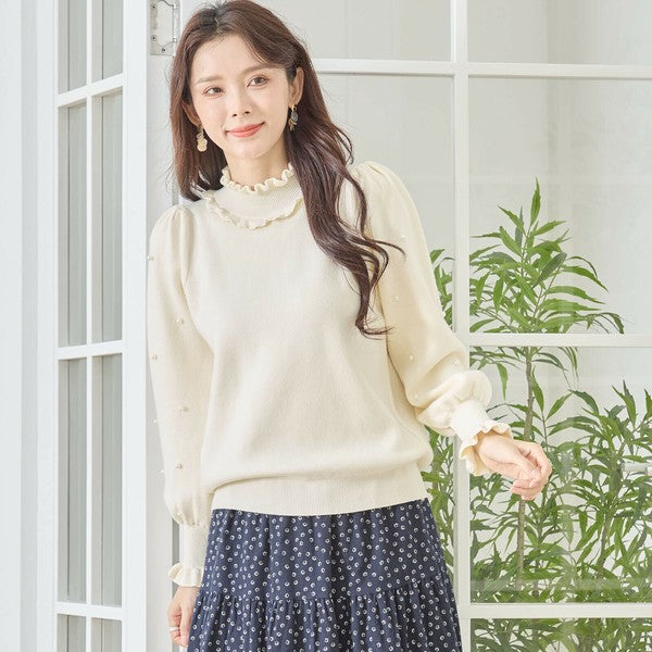 【M〜L】パール付きフリルネックニット｜amie studio レディース 秋冬 長袖 セーター エレガント N12-902