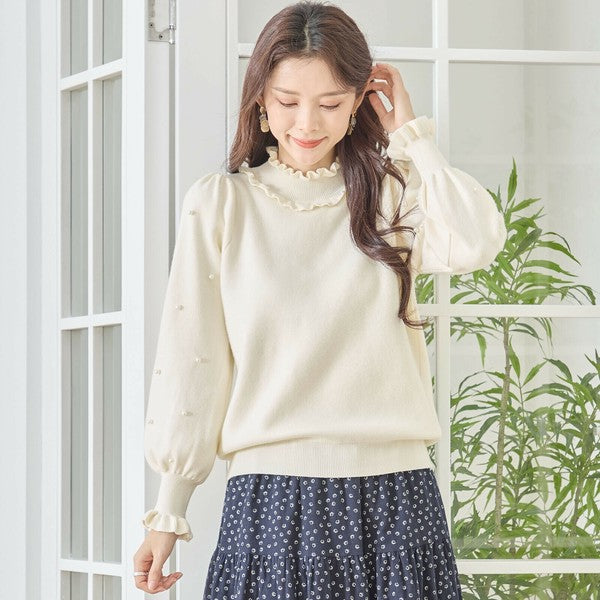 【M〜L】パール付きフリルネックニット｜amie studio レディース 秋冬 長袖 セーター エレガント N12-902