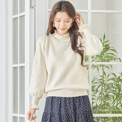 【M〜L】パール付きフリルネックニット｜amie studio レディース 秋冬 長袖 セーター エレガント N12-902