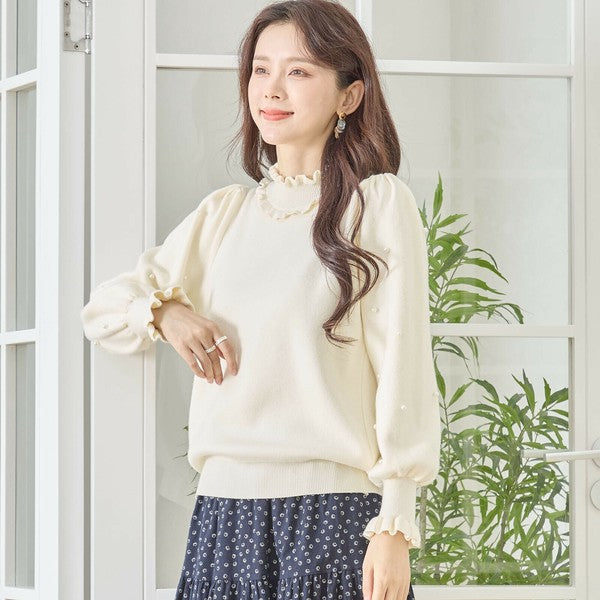 【M〜L】パール付きフリルネックニット｜amie studio レディース 秋冬 長袖 セーター エレガント N12-902