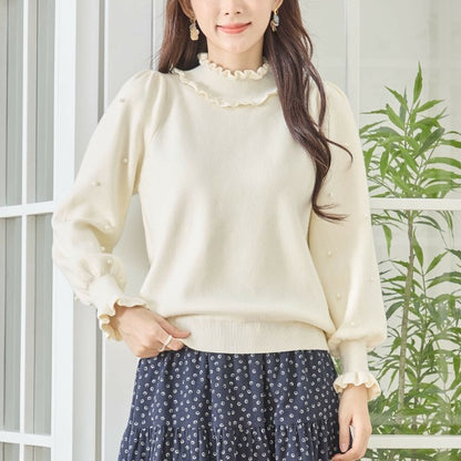 【M〜L】パール付きフリルネックニット｜amie studio レディース 秋冬 長袖 セーター エレガント N12-902