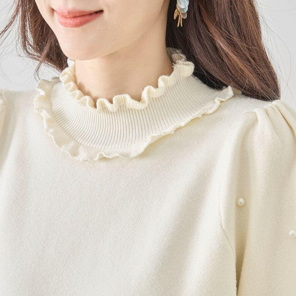 【M〜L】パール付きフリルネックニット｜amie studio レディース 秋冬 長袖 セーター エレガント N12-902