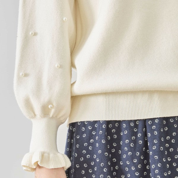 【M〜L】パール付きフリルネックニット｜amie studio レディース 秋冬 長袖 セーター エレガント N12-902