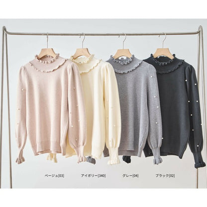 【M〜L】パール付きフリルネックニット｜amie studio レディース 秋冬 長袖 セーター エレガント N12-902