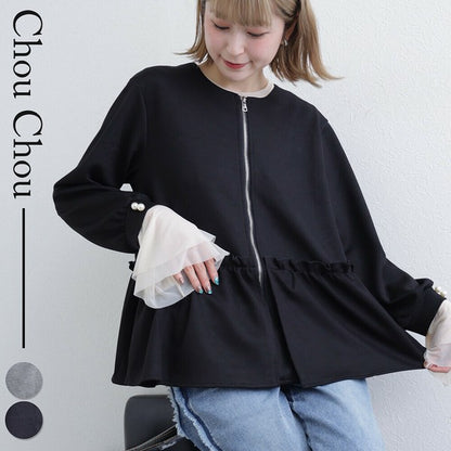 【Mサイズ】フリルジップジャケット｜丸首・ペプラム風デザイン・ストレッチ素材｜chou chou 201799